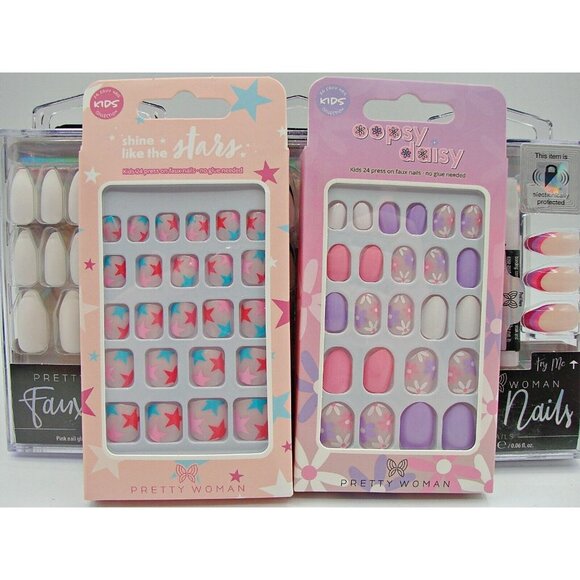 Lot 5 Pretty Woman Multi Style Faux Nails with Glue and Press On Coffin All New - Picture 7 of 11